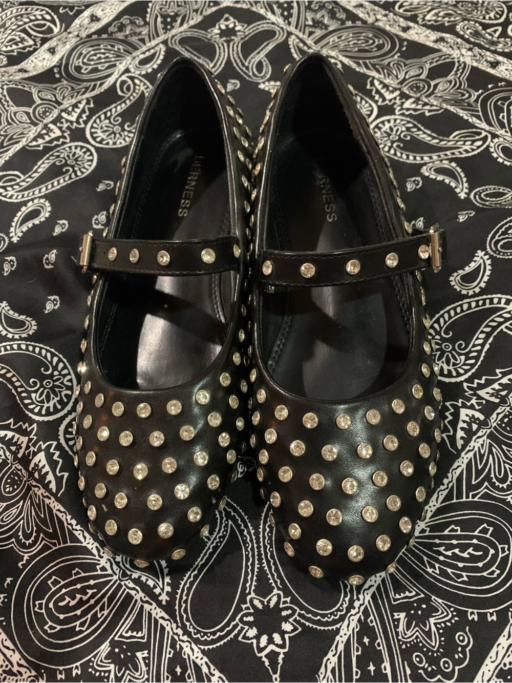 Black Studded Mary Jane Flats with Decorative Rhinestones